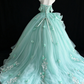 Mint Green Off-the-Shoulder Bow Lace Applique Tulle Ball Gown fg9058