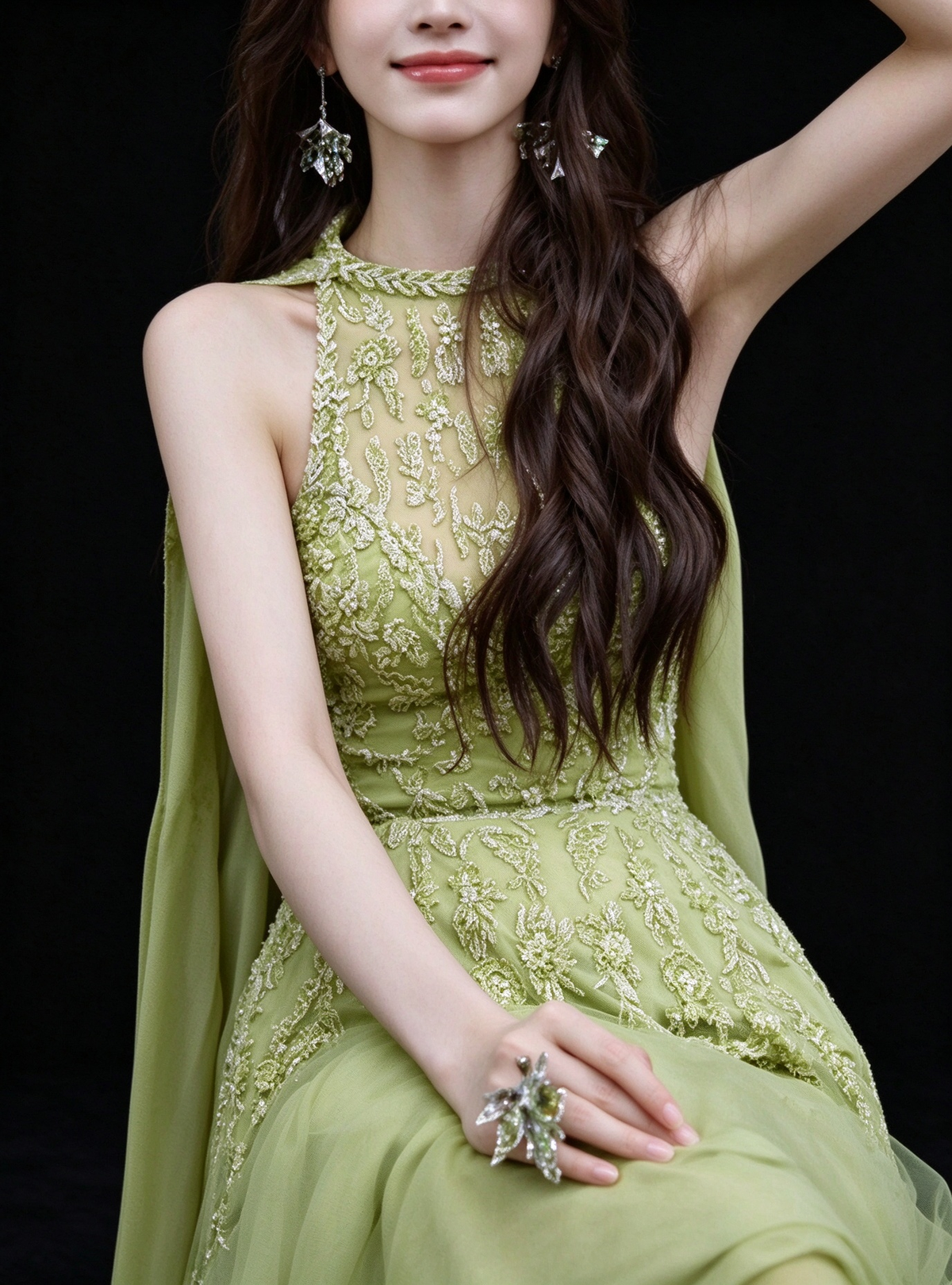 Green Halter Neck Cape Sleeve Beaded Tulle Formal Evening Gown fg9059
