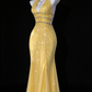 ellow Halter V Neck Beaded Mermaid Evening Dress fg9133
