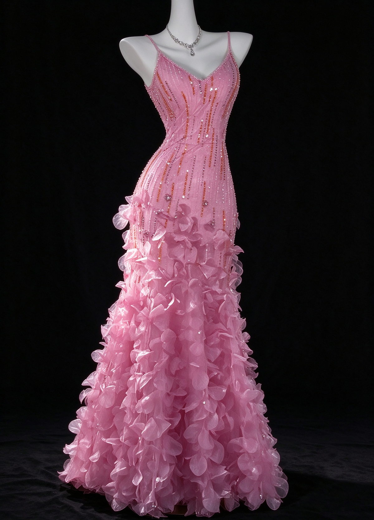 Pink Spaghetti Strap V Neck 3D Petal Beaded Mermaid Evening Dress fg9134