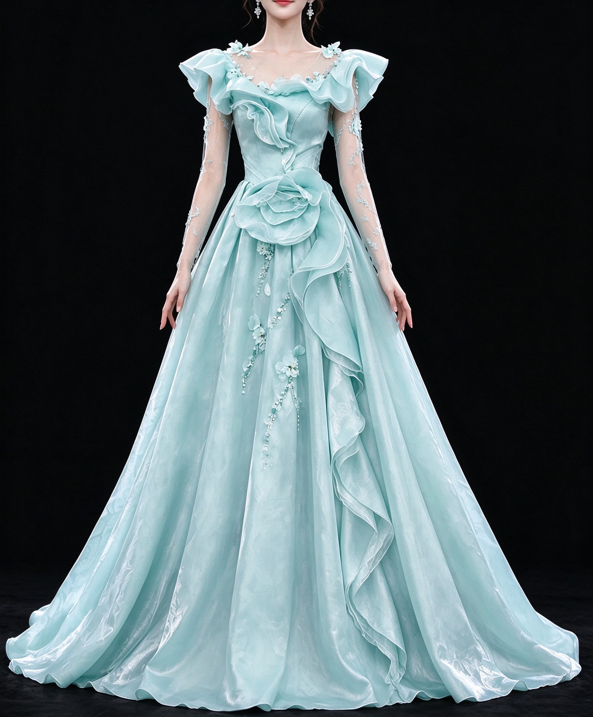 Mint Green Off Shoulder Long Sleeve 3D Floral Tulle Ball Evening Gown fg9062