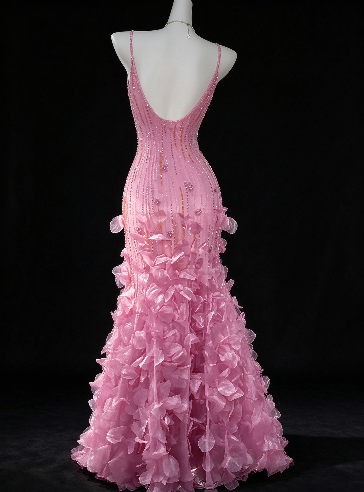 Pink Spaghetti Strap V Neck 3D Petal Beaded Mermaid Evening Dress fg9134