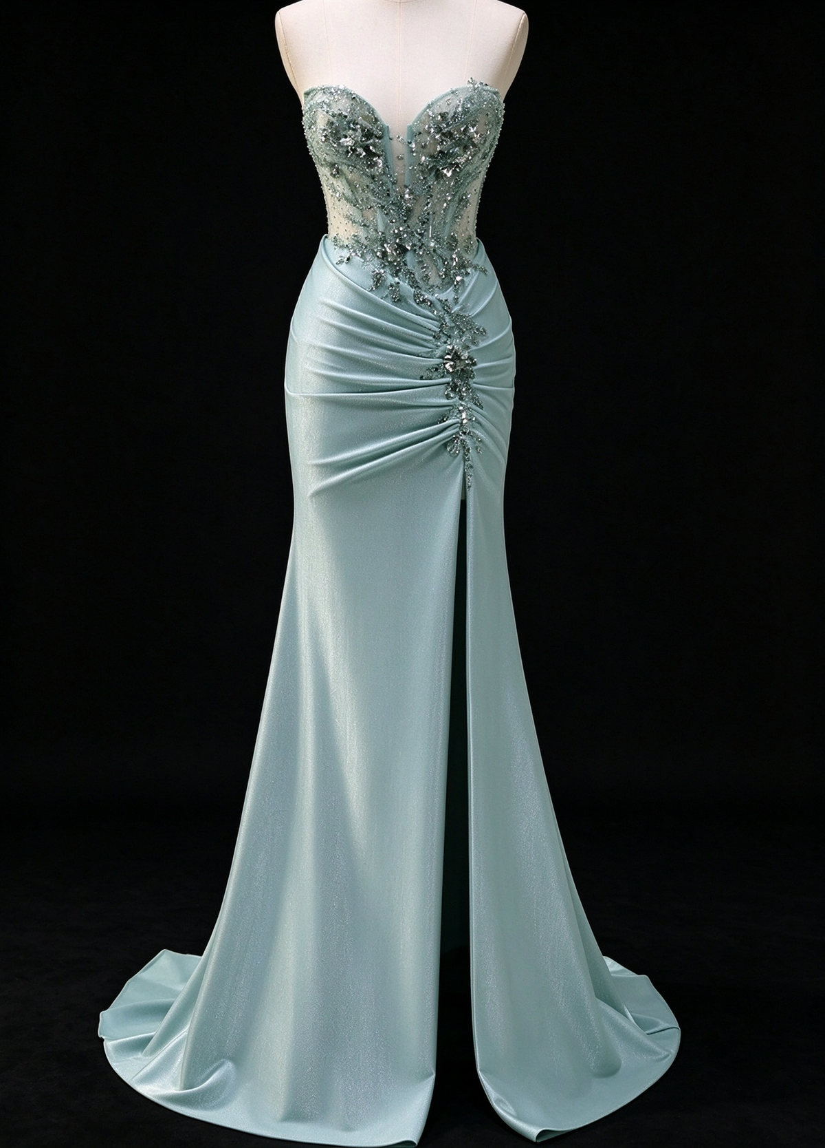 Sage Green Sweetheart Beaded Corset Satin Mermaid Formal Evening Gown fg9063
