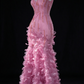 Pink Spaghetti Strap V Neck 3D Petal Beaded Mermaid Evening Dress fg9134