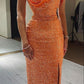 Charming Orange Sequins Long Mermaid Evening Formal Wear Luxury Beaded Side Slit Prom Dresses    fg6000