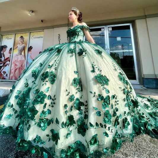 Green Quinceanera Dresses Off Shouder Beads Appliques Ball Gown Sweet 16 Dress    fg5758