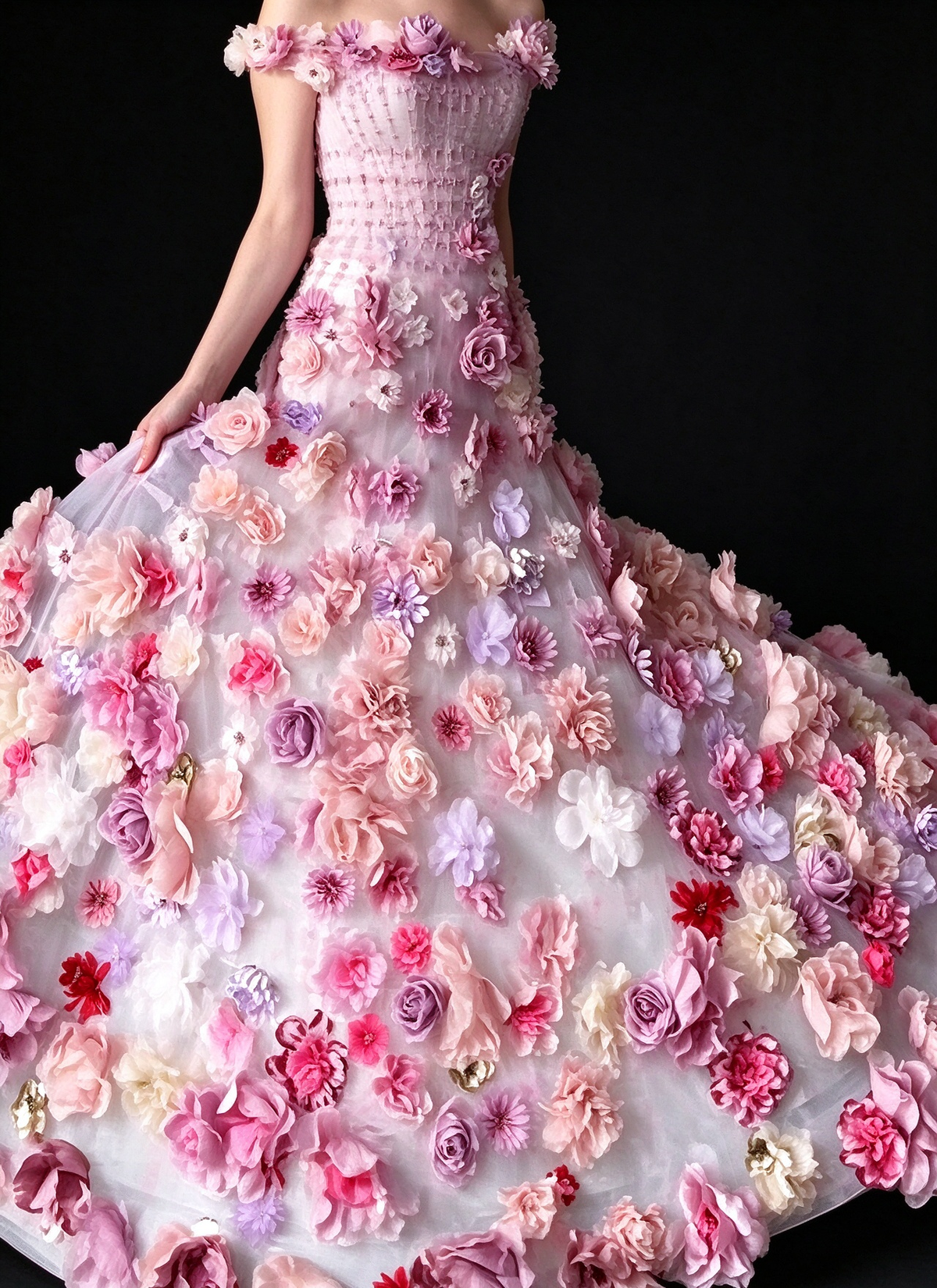 Pink Off-the-Shoulder 3D Floral Tulle Ball Gown fg9049