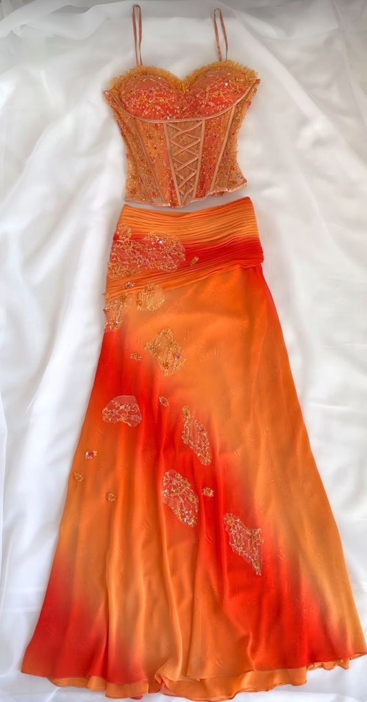 Two Piece Orange Ombre Prom Dress Evening Party Gowns   fg7450