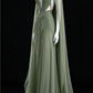 Sage Green Halter Deep V Cutout Beaded Cape Sleeve Evening Gown fg9072