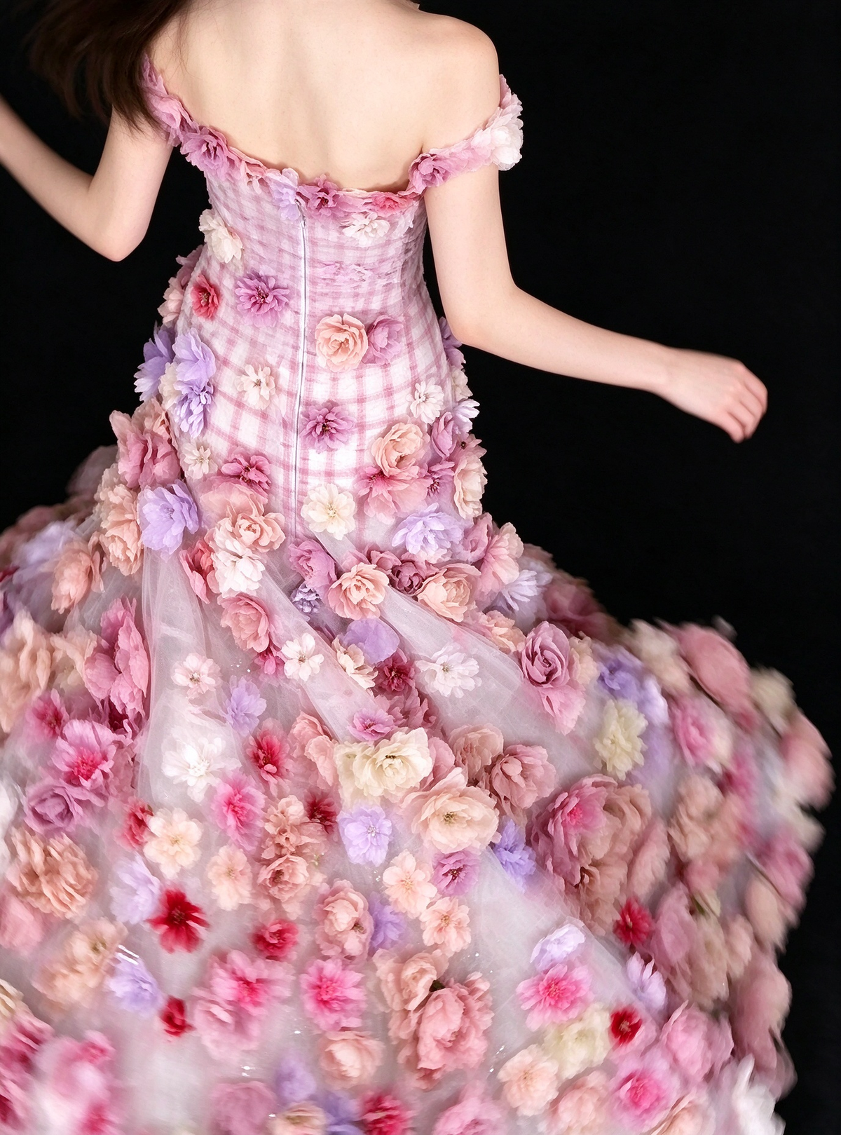 Pink Off-the-Shoulder 3D Floral Tulle Ball Gown fg9049