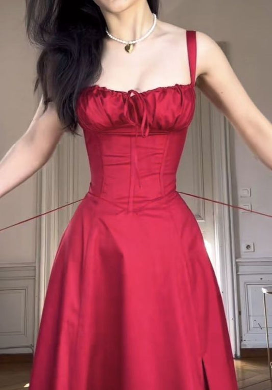 Ärmelloses rotes Party-Ballkleid mit quadratischem Ausschnitt und geteiltem sexy A-Linien-Midikleid fg6008