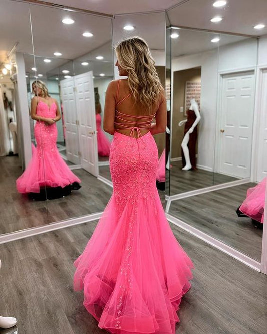 Mermaid Spaghetti Straps Hot Pink Long Prom Dress Lace Formal Dress           fg6321