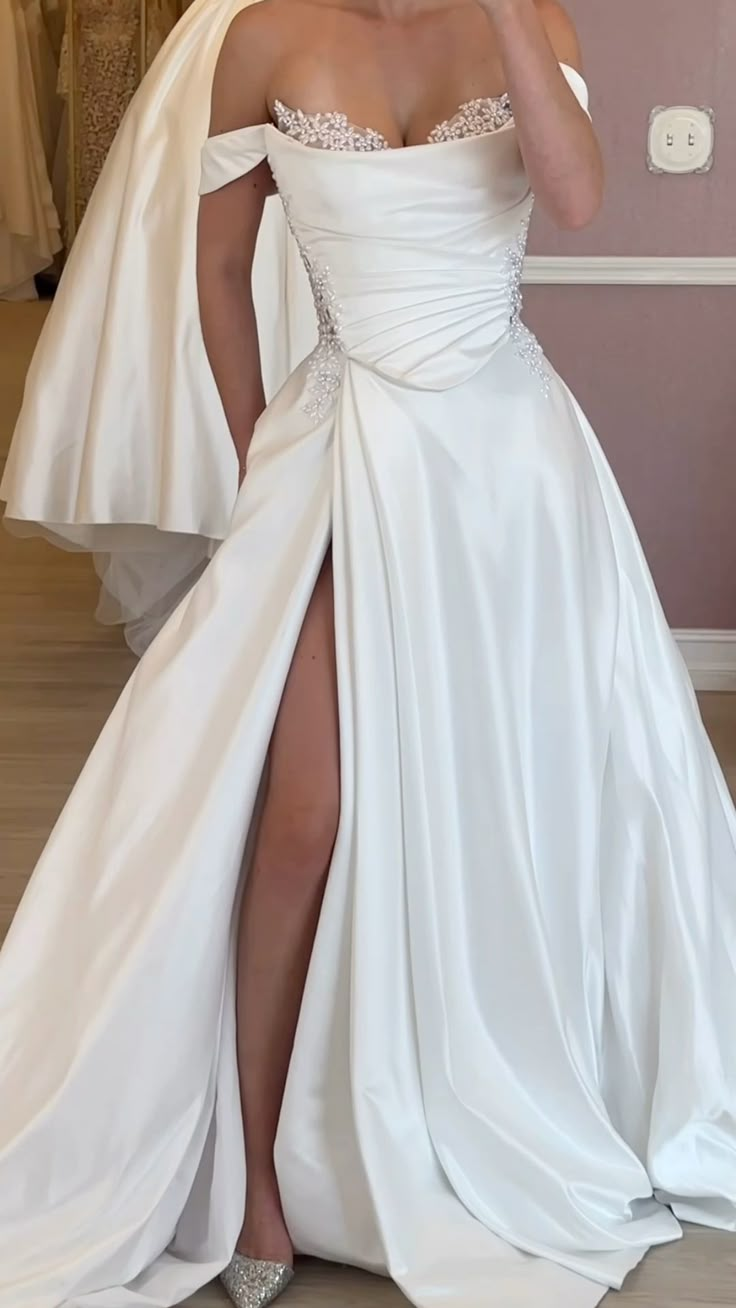 Off Shoulder Long Satin Wedding Dress Bridal Gown   fg7501