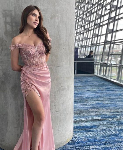 Pink Off The Shoulder Evening Dresses Sweetheart Side Split Long Sexy Formal Party Dress    fg5514