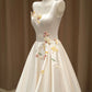 Elegant Satin Floor Length Formal Dress with 3D Flowers, Light Champagne A-Line Evening Party Dress  fg7524