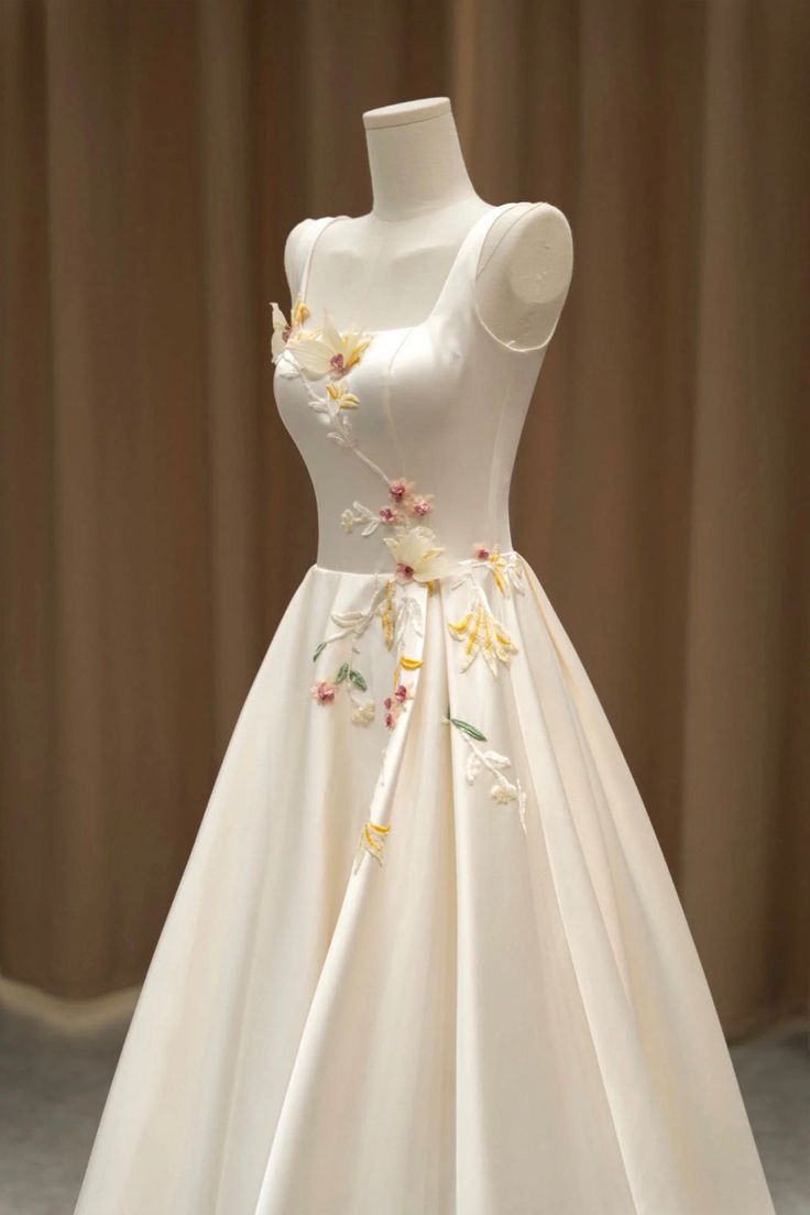 Elegant Satin Floor Length Formal Dress with 3D Flowers, Light Champagne A-Line Evening Party Dress  fg7524