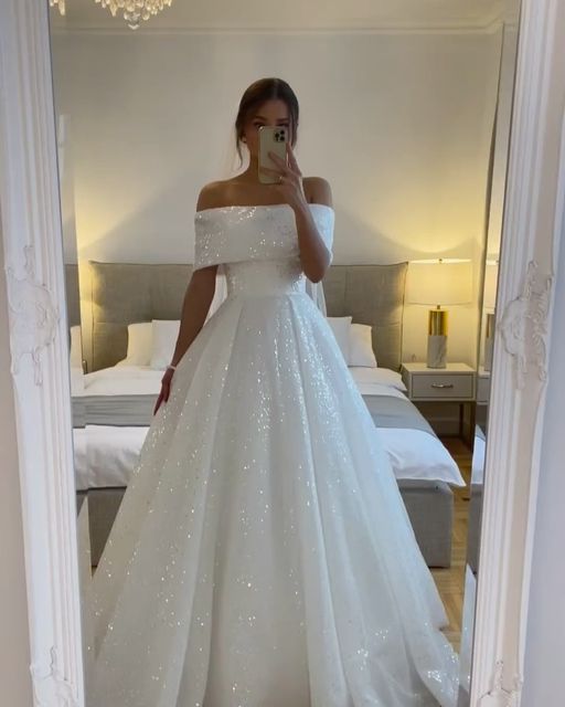 A-Line Sparkly Sequined Bride Dress For Women Off Shoulder Draped Tulle Formal Wedding Gown      fg5960