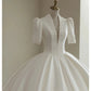 A Line White Deep V Neck Short Sleeves Satin Long Princess Wedding Dress    fg8172