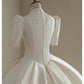 A Line White Deep V Neck Short Sleeves Satin Long Princess Wedding Dress    fg8172