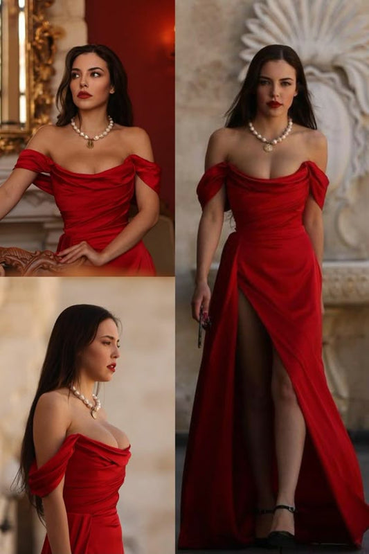 Elegant Off Shoulder Side Slit Mermaid Satin Red Long Prom Dresses       fg6480