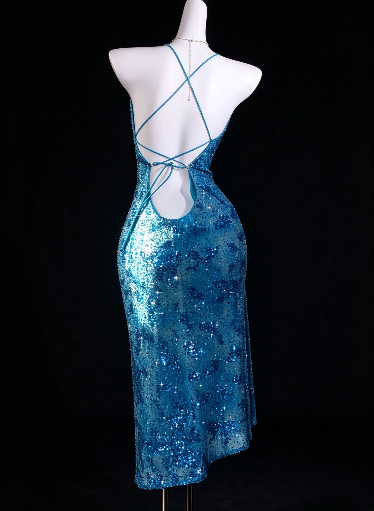 Turquoise Sequin Halter Bodycon Evening Dress fg9120