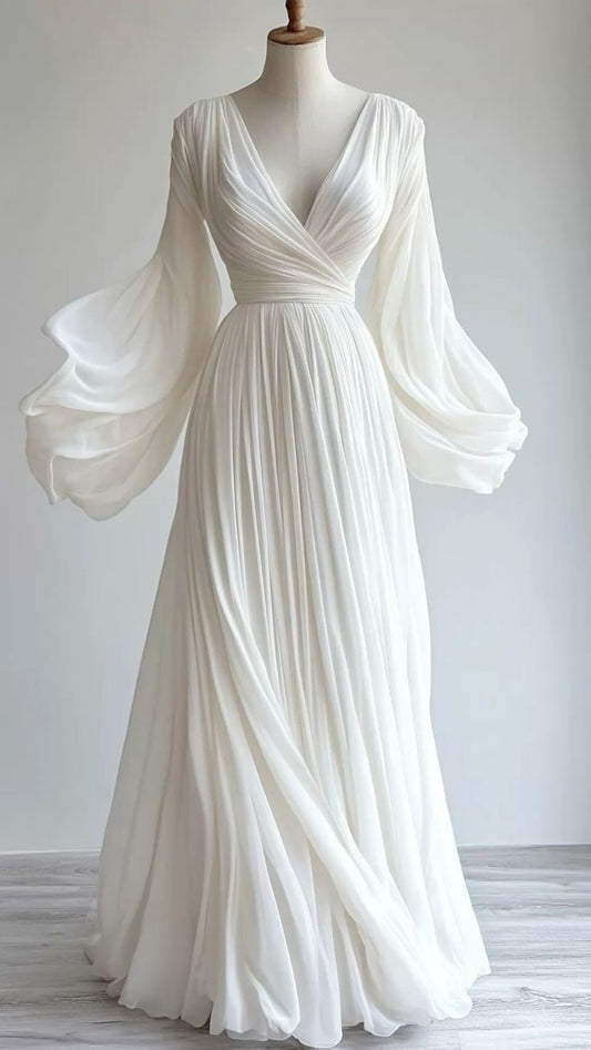 Modest V Neck A-Line Chiffon Vintage Long Evening Party Dresses    fg7690