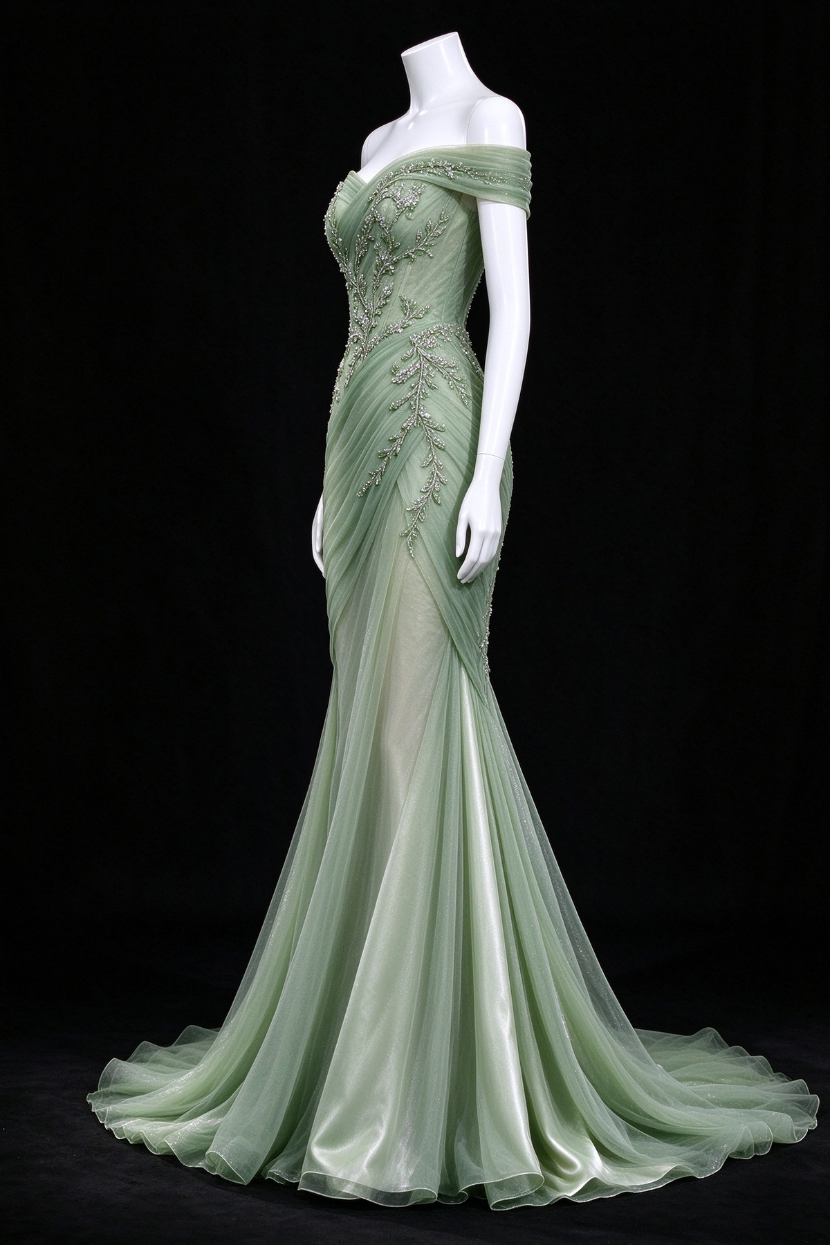 Sage Green Off Shoulder Beaded Tulle Mermaid Evening Gown fg9074
