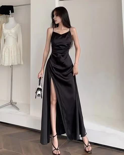 Spaghetti Straps Black A Line Satin Long Prom Dresses With Slit       fg5443