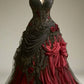 Gothic Victorian Wedding Dress, Pleated Floral Rose 3D Custom Black Burgundy Gown   fg7493