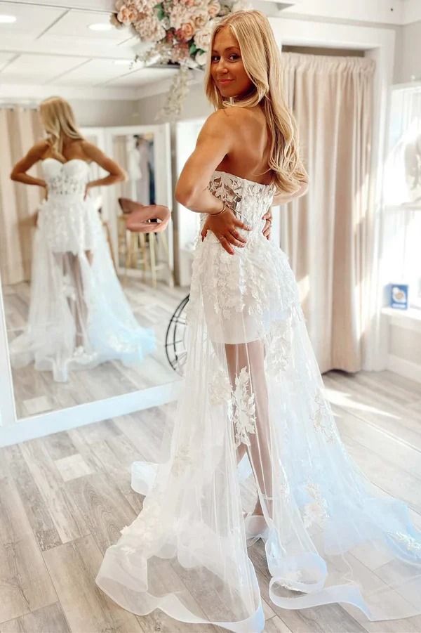 Transparente Spitzenapplikationen, Ballkleider, trägerlos, formelles Kleid, fg6666