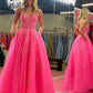 V Neck Pink A Line Lace Long Prom Dress        fg6378