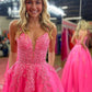 V Neck Pink A Line Lace Long Prom Dress        fg6378