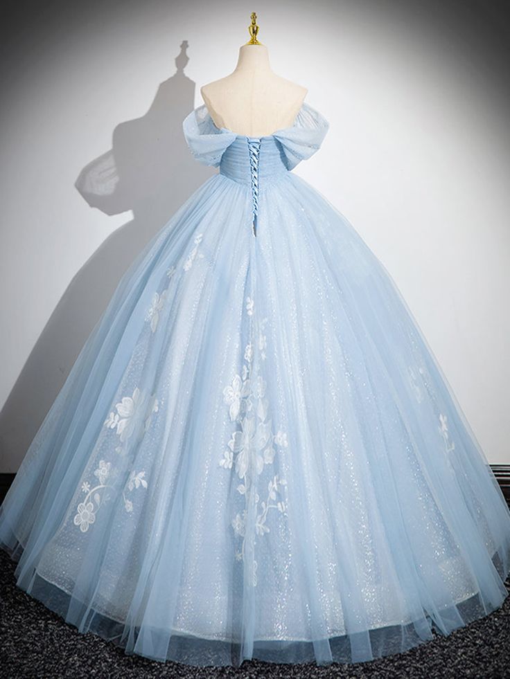 A-Line Off Shoulder Tulle Sequin Blue Long Prom Dress, Blue Sweet 16 Dress    fg6727