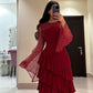 Women's Ankle Length Sequin Dress O Neck Tiered Burgundy Evening Dress     fg6730