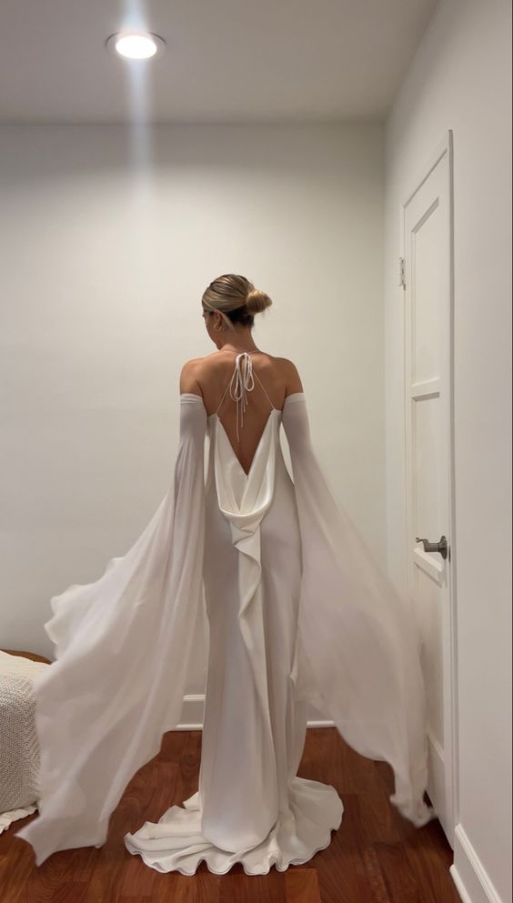 Wedding Dresses Soft Satin Long Floor Length Open Back Simple Bridal Gown With Detachable Flare Sleeves       fg6409