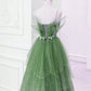 Green Layers Tulle Straps Beaded Long Party Dress, Green Long Formal Dress     fg4491