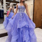 Shiny A Line Open Back Fluffy Lilac Lace Long Prom Dresses, Lilac Lace Formal Dresses, Lilac Evening Dresses          fg6482
