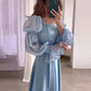 Light Blue Puff Sleeves Long Evening Dress        fg6688
