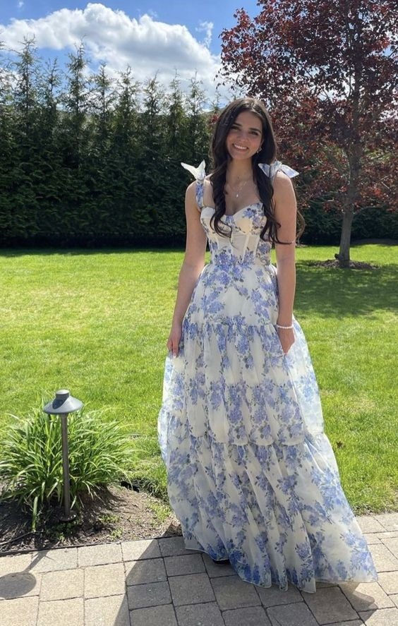 Schönes Chiffon-Ballkleid mit Blumenmuster in A-Linie für Junioren/Senioren fg6661