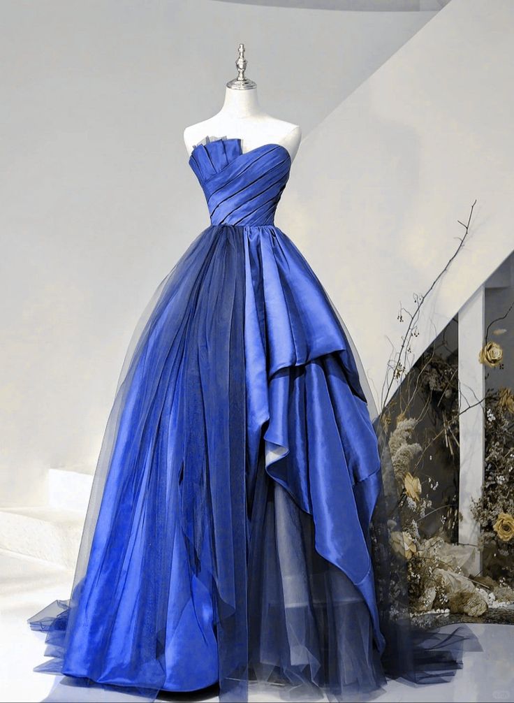 Blue Satin And Tulle Long Party Dress Prom Dress, Blue Evening Dress      fg6736