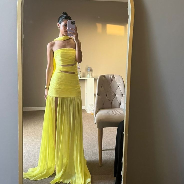 Strapless Yellow A Line Long Prom Dress Formal Party Gown        fg6457