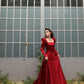 Square Neck Long A Line Evening Gown Burgundy Long Sleeves Satin Formal Prom Party Dress      fg6143