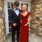 long red prom dresses, sexy lace evening dress with slit      fg833