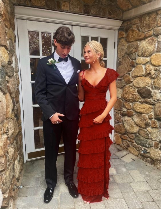 long red prom dresses, sexy lace evening dress with slit      fg833