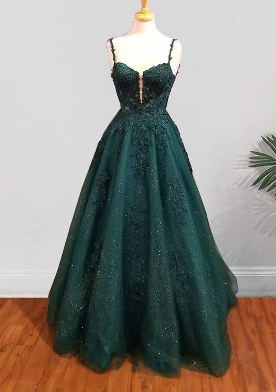 Robe de bal trapèze longue en tulle à bretelles spaghetti et appliqués de perles et paillettes (fg6754)