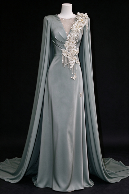 Sage Green Satin Cape Sleeve Evening Gown, 3D Floral & Beaded Butterfly Appliques fg9040
