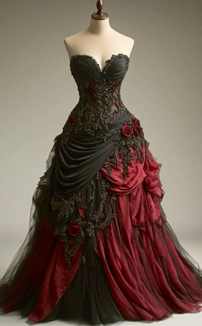 Gothic Victorian Wedding Dress, Pleated Floral Rose 3D Custom Black Burgundy Gown   fg7493