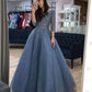 A-line V neck 3/4 Sleeve Elegant Long Prom Dresses Beaded Evening Formal Dress       fg5897