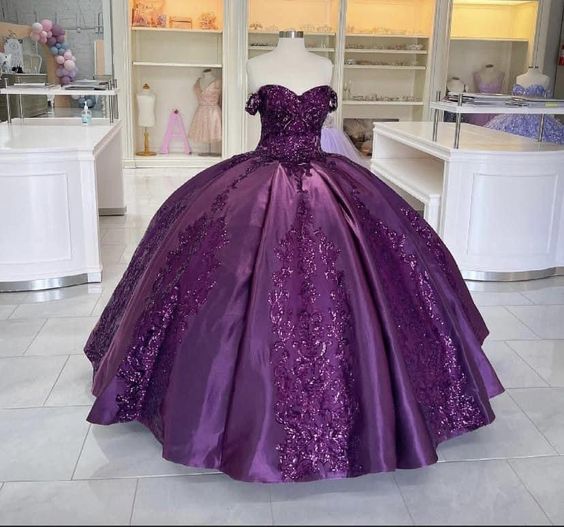 Dark Purple Ball Gown Quinceanera Dresses Bling Sequined Applique Off Shoulder Prom Party Dress       fg5997