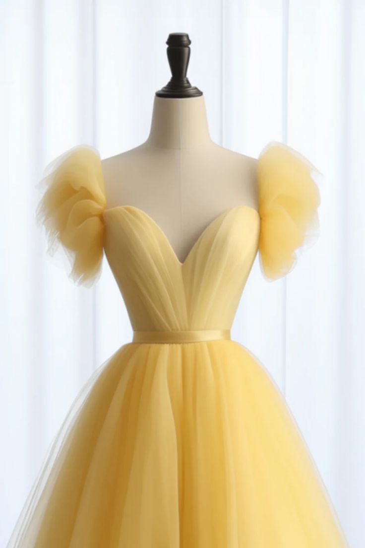 A Line Sweetheart Neck Tulle Yellow Long Prom Dress, Yellow Long Formal Dress       fg5440